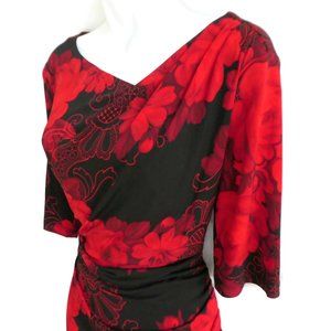 Vintage 90s Floral Dress Asymmetrical Neckline Red Black Tulip Faux Wrap Stretch